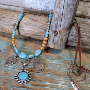 Adjustable Suede Beaded Necklace With Turquoise Color Stone And Charms
